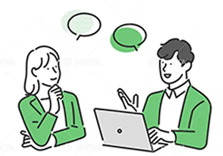 パソコンを囲んで打ち合わせをする男女のイラスト